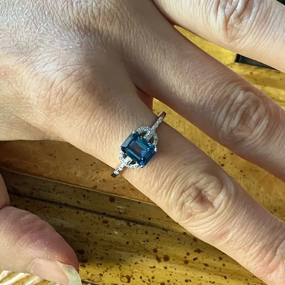 London Blue Topaz White Diamond Sterling Silver Ring Size 8
